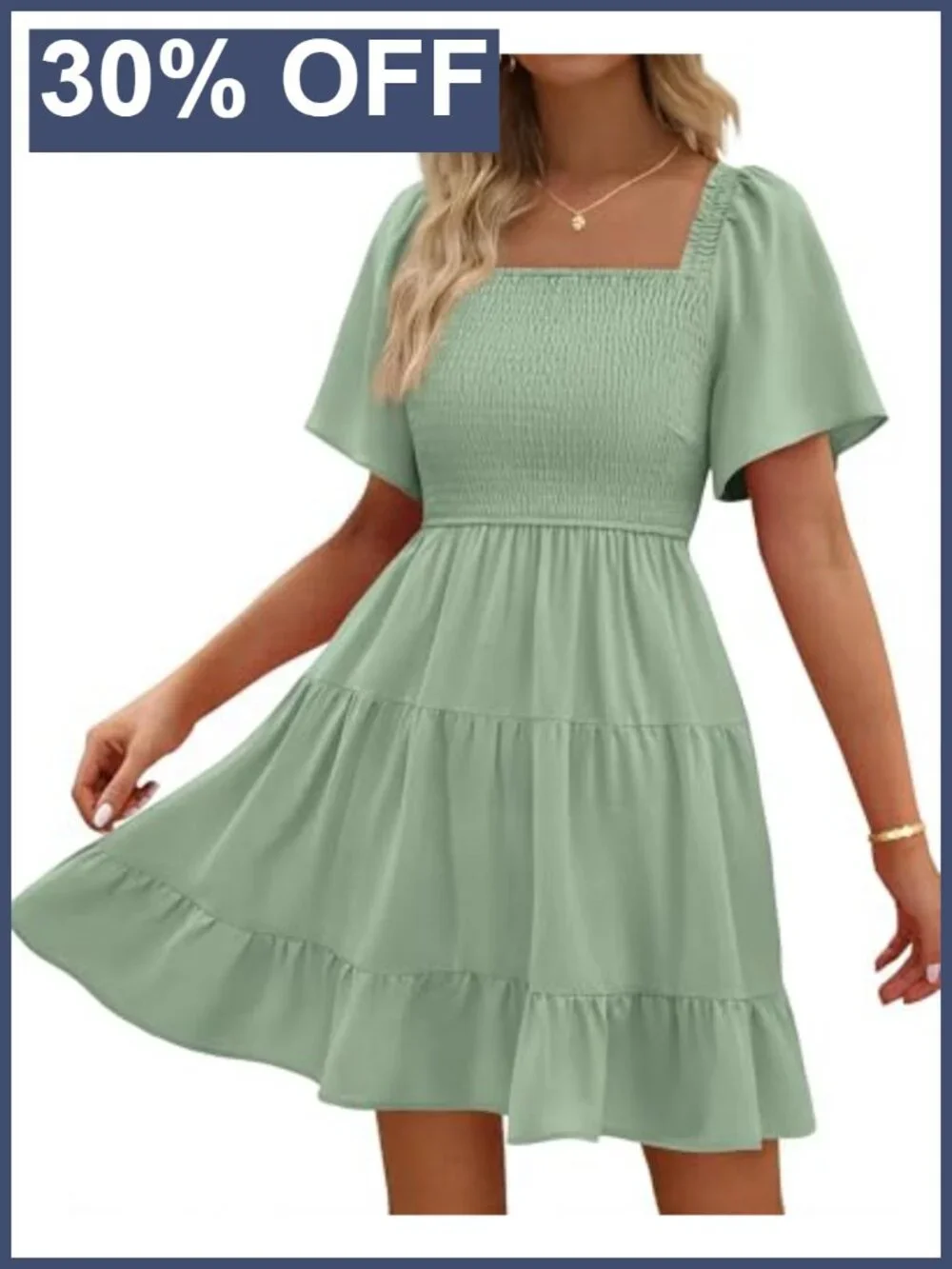 Women's Smocked Mini Dress Square Neck Flutter Sleeve Swing Tiered Ruffle